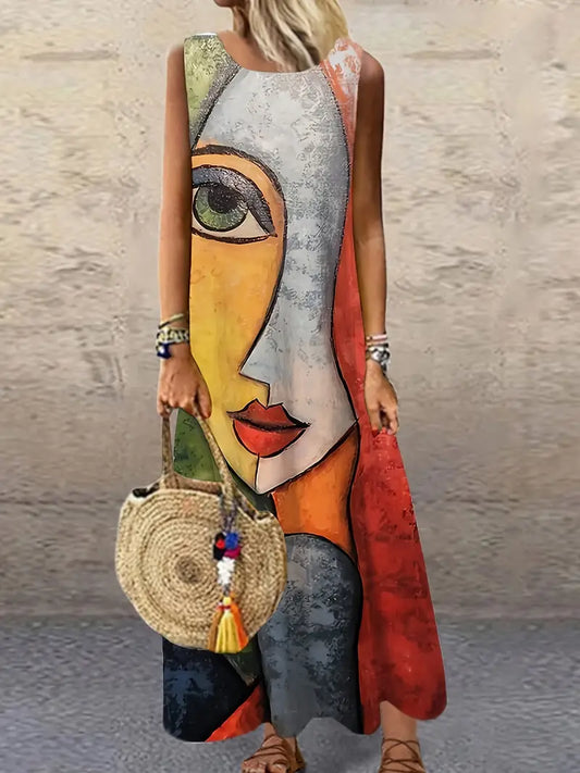 BW | Vestido maxi sem mangas estampado com decote redondo